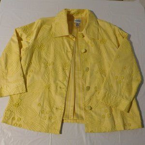 Chicos Size 1 Embroidered Sequined Jacket Top Yellow Front Button Lined Medium